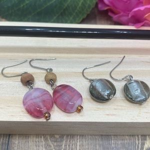2 set bundle pink purple and smoke gray glass drop dangle hook earrings